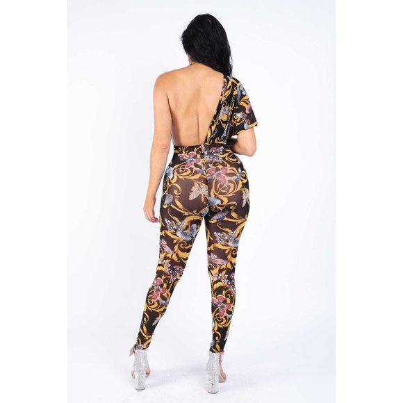 Women's Butterfly Mesh Printed Halter Casual Jumpsuit With One Shoulder Ruffle - Picture 5 of 10